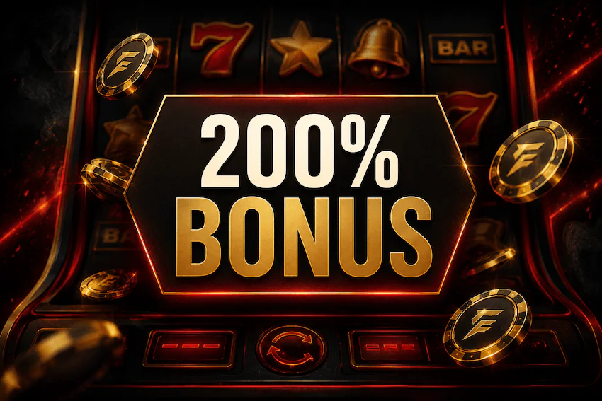 200% Bonus bei Fiery Play Casino Österreich mit goldenen Münzen und Spielautomaten im Hintergrund.