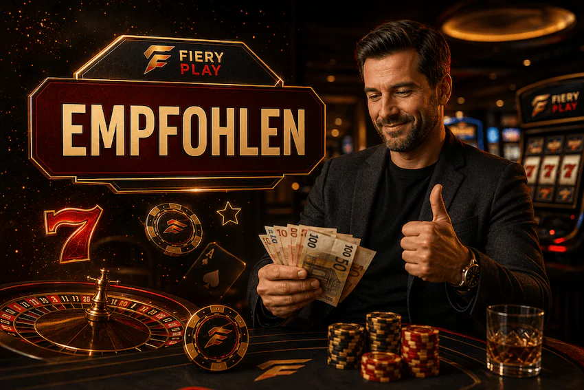 Zufriedener Spieler bei Fiery Play Casino mit Gewinnen, Casino-Chips und Empfehlungs-Symbol.