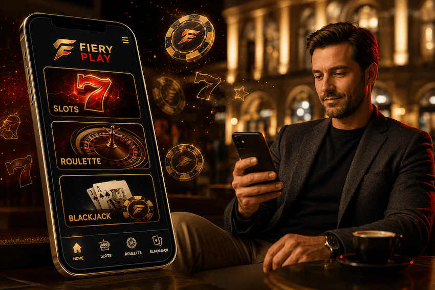 Fiery Play Casino auf dem Smartphone mit Slots, Roulette und Blackjack für mobiles Spielen in Österreich.